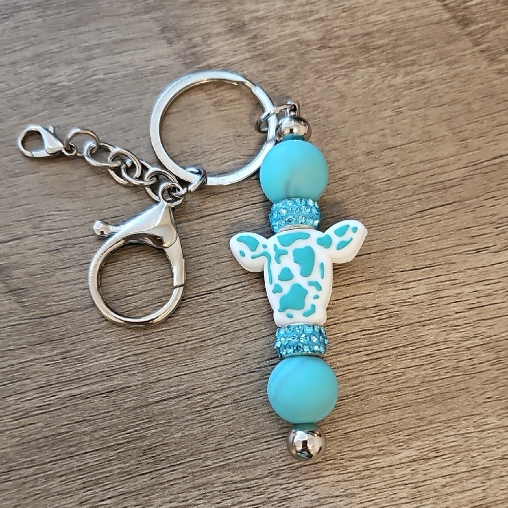 Turquoise Cow Beaded Keychain